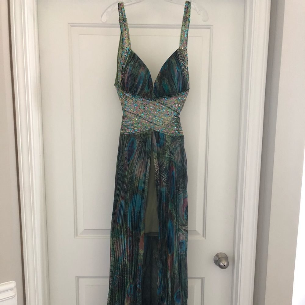 Peacock print dress.